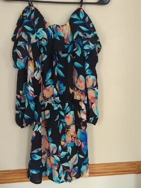 As U Wish Black Off-Shoulder Floral Romper with Turquoise and Peach Print